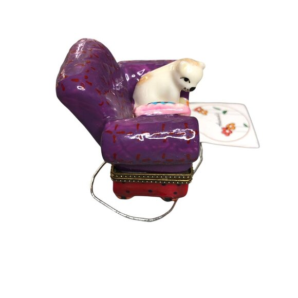Gift Box Cat Chair Porcelain Hinged Trinket Present Jewelry Pill Purple Kitten - Picture 4 of 13